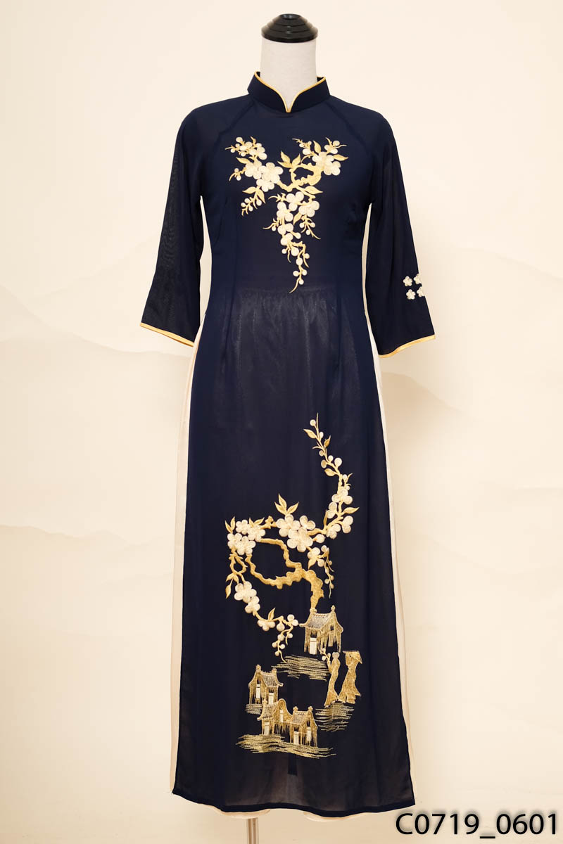Set áo dài xanh than thêu hoa + quần vàng