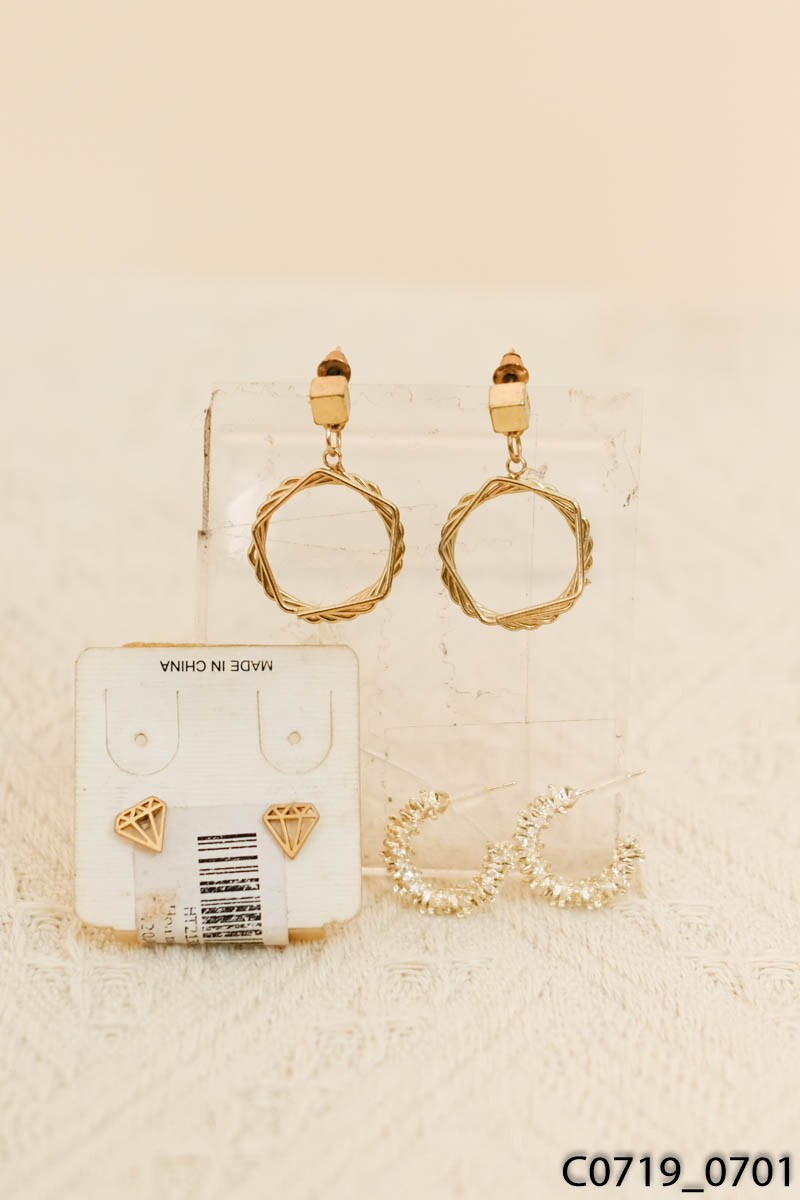 Set 3 khuyên tai nụ đính đá + khuyên tai hình kim cương