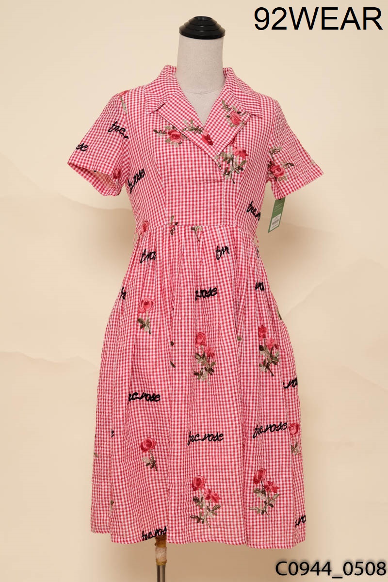 Đầm đỏ kẻ caro họa tiết hoa 92 Wear