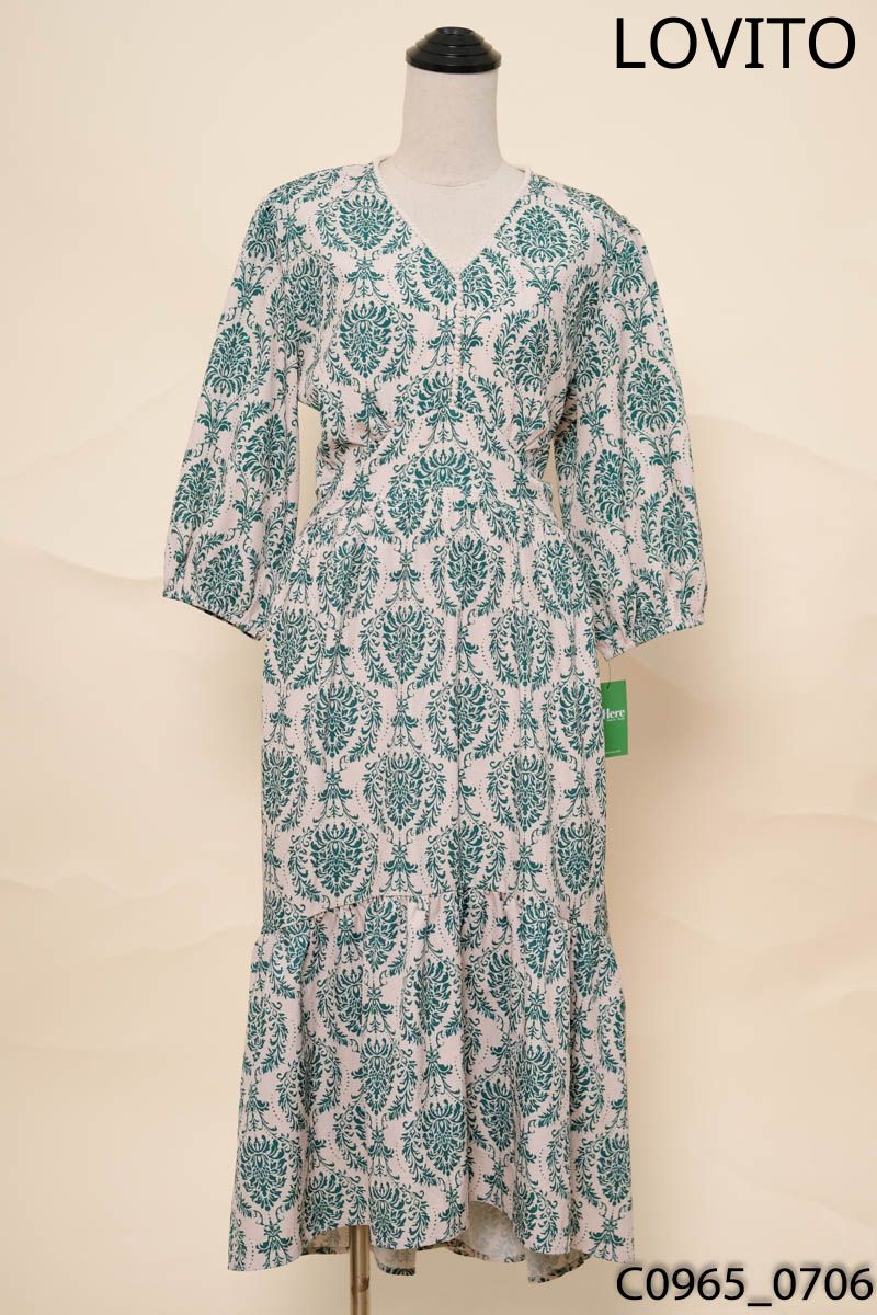 LOVITO- Đầm be họa tiết xanh