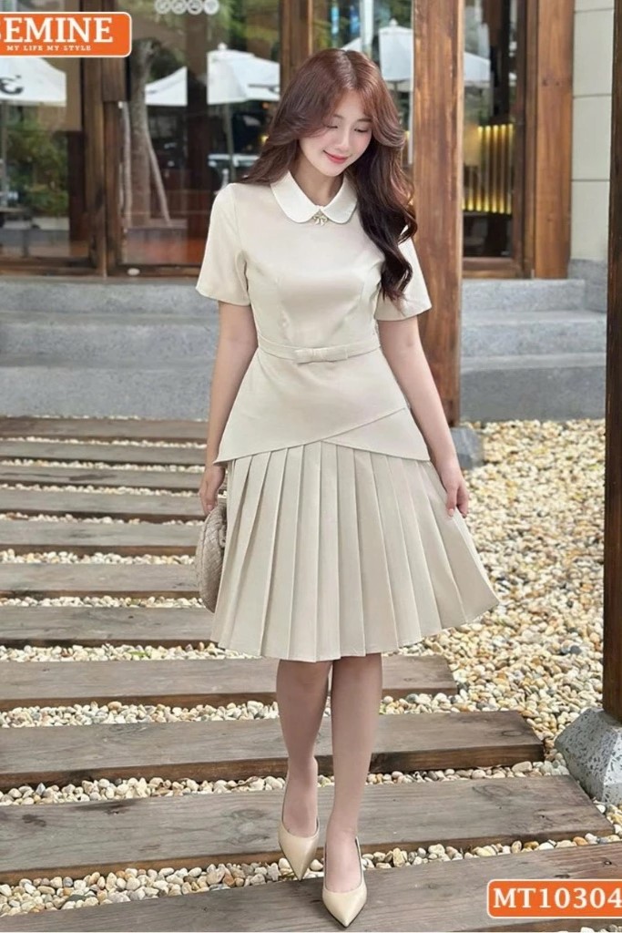 BEMINE- Đầm be xếp ly nơ eo
