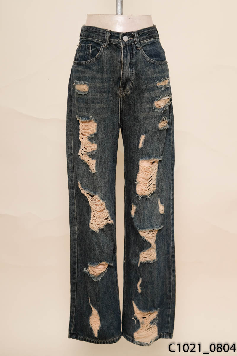 Quần jeans xanh ống suông rách