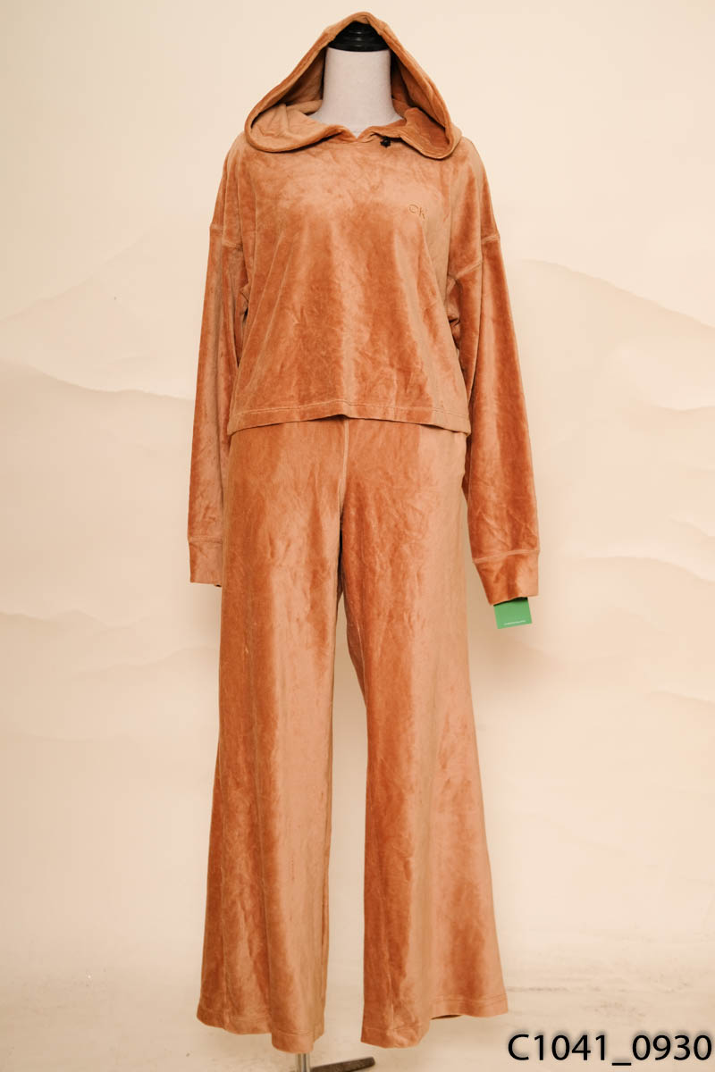 Set áo hooidie nâu len tăm + quần ống rộng CALVIN KLEIN