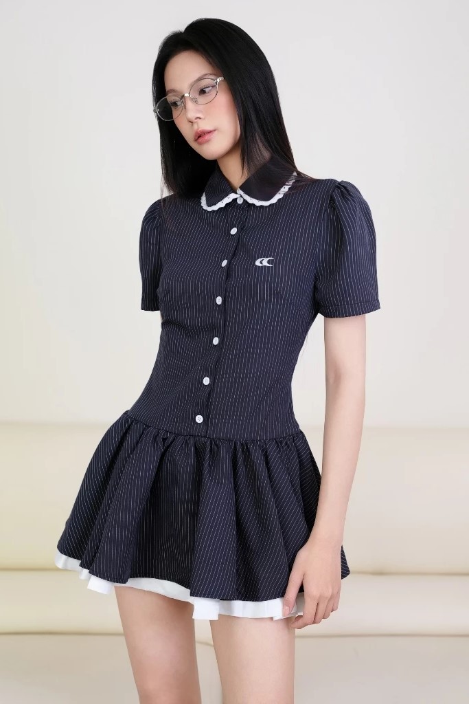CARA CLUB-Đầm xanh than sọc trắng