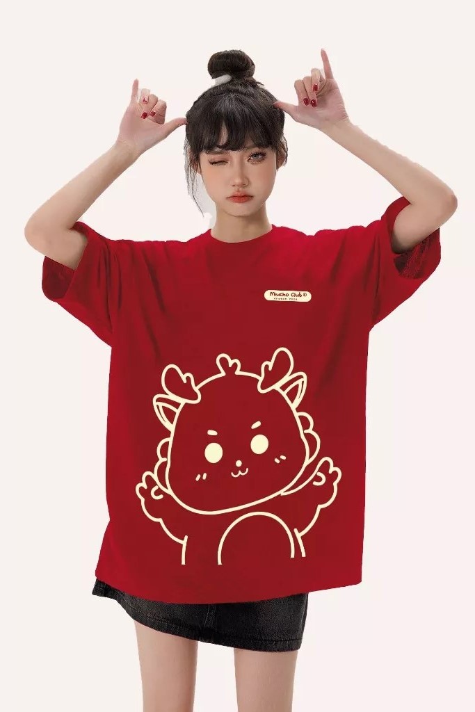 MIUCHO-Áo thun đỏ họa tiết be