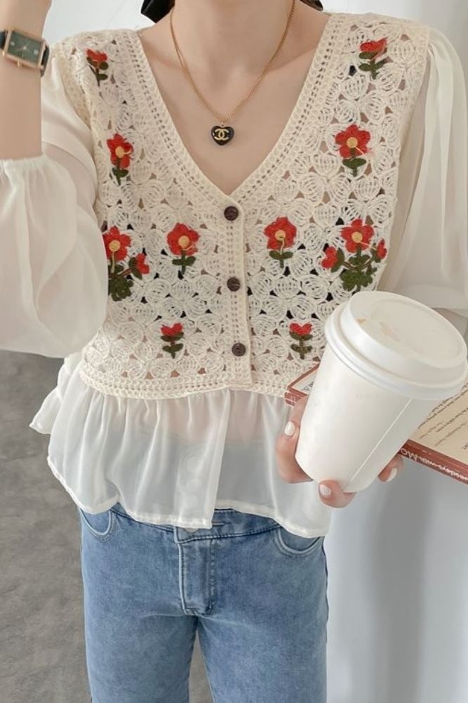 Áo be lưới đan họa tiết