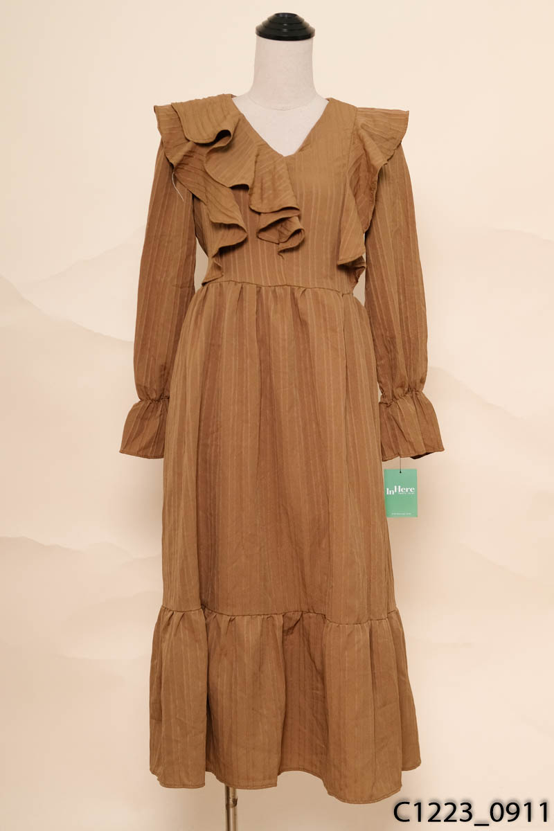 29FEB.CLOSET - Đầm nâu cổ V dài tay