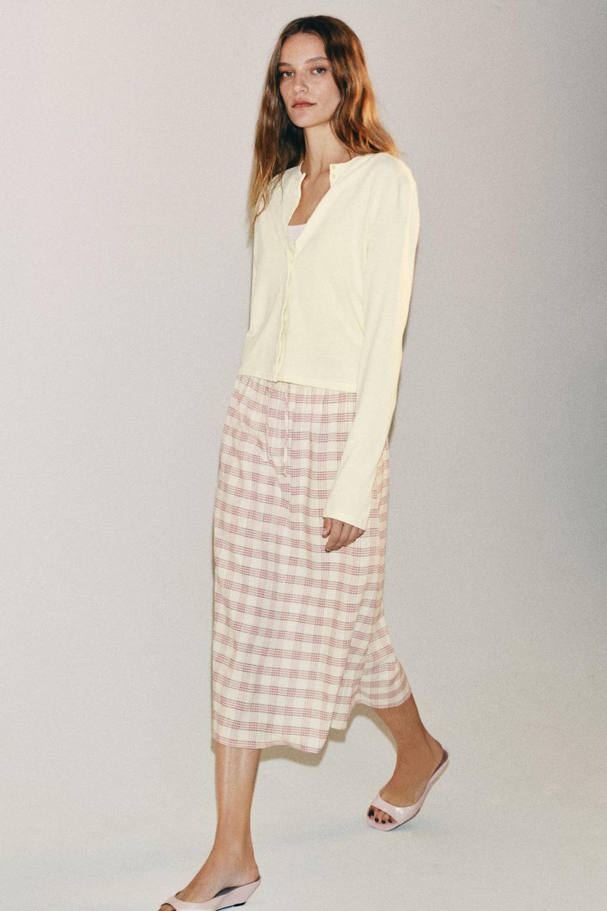 Chân váy be kẻ hồng Zara New Tags