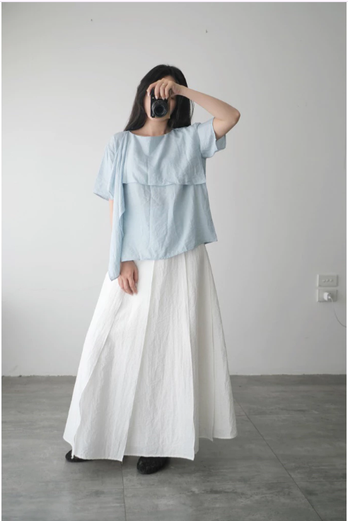 NAAMAH- Áo pha linen nhăn xanh phối tà cổ New Tags