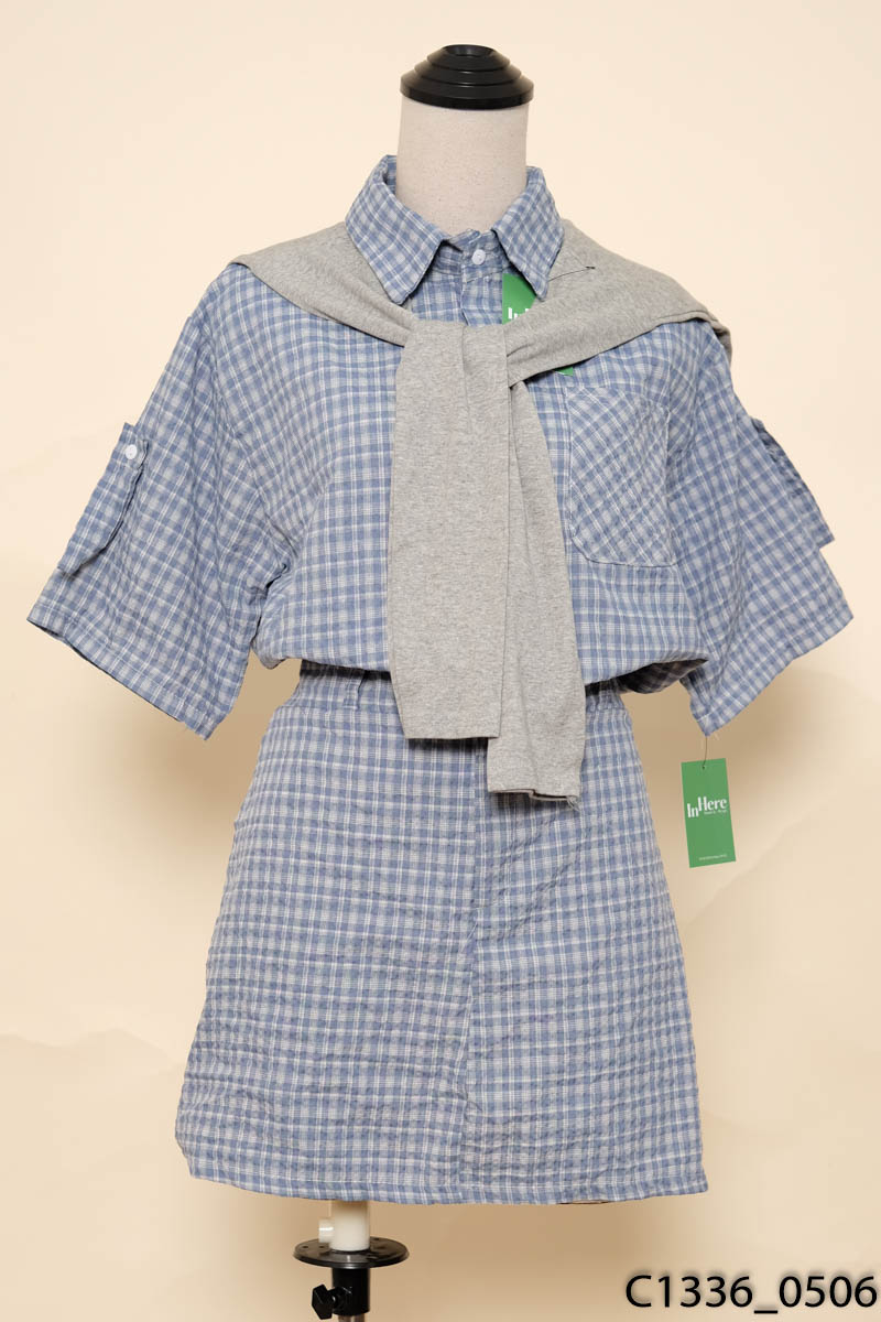 Set đầm sơ mi kẻ xanh trắng