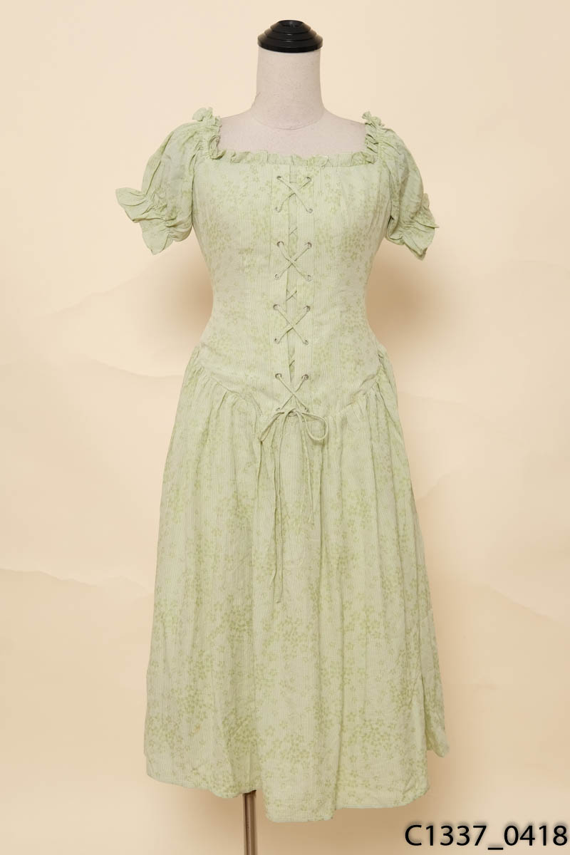 3CE BOUTIQUE-Đầm xanh trễ vai phối hoa New Tags