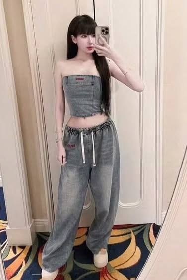 Set áo cúp+quần dài jeans xanh