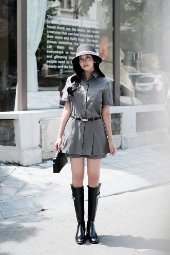 Đầm xám cộc tay bo chun sau calie house New Tags