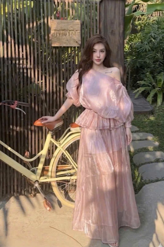 Set áo voan tím dáng phồng + chân váy