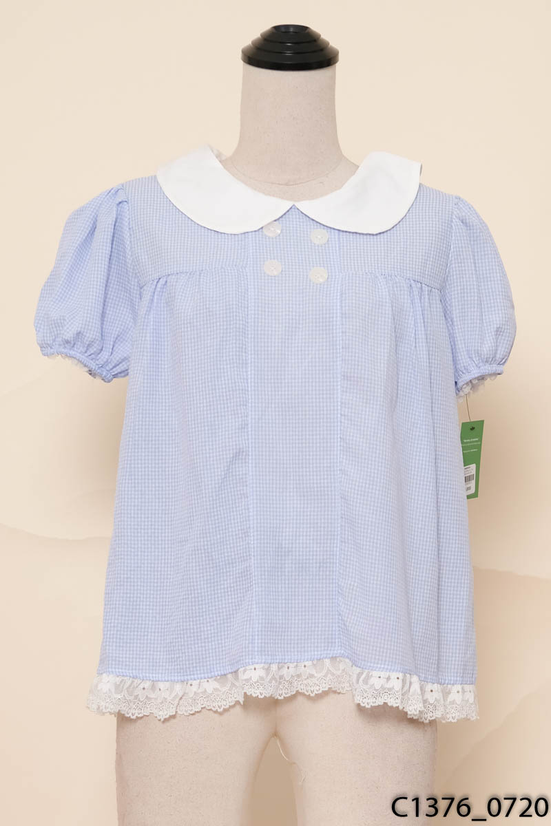 Áo kẻ caro xanh phối ren