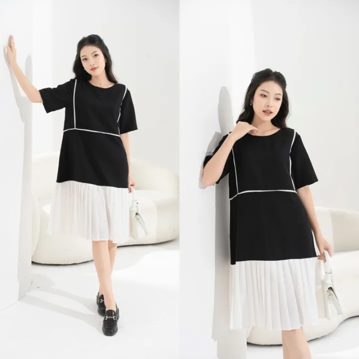 PETBYCHANG - Đầm đen suông đuôi xếp ly