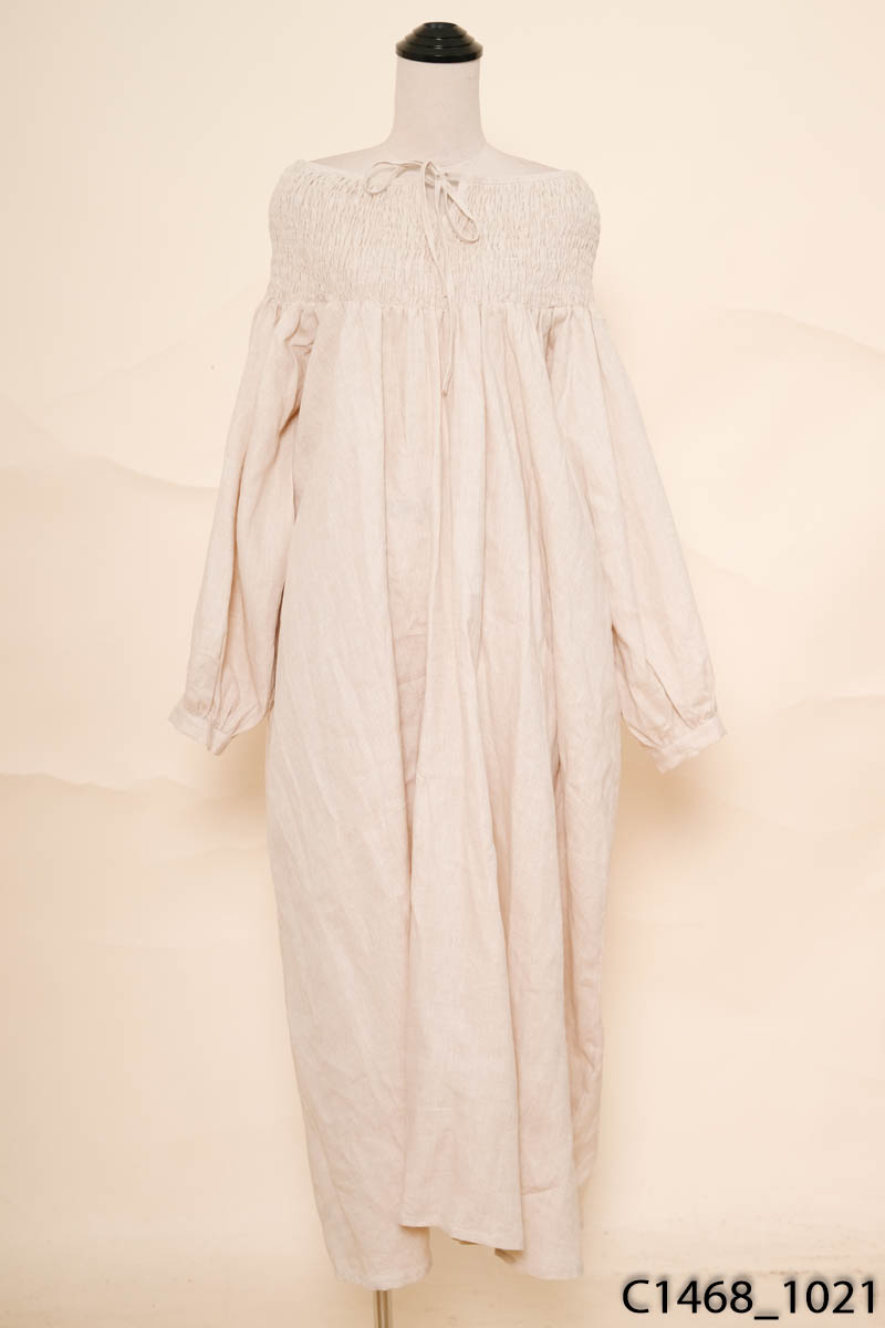 TIỆM NÀNG LÊ- Đầm linen trễ vai bo chun be tiêu