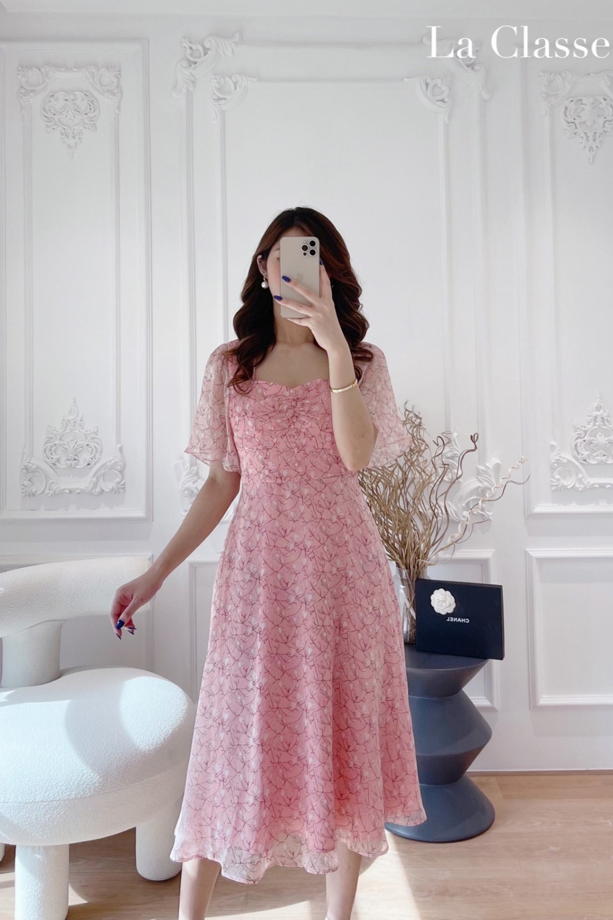 LA CLASSE-Đầm voan hồng họa tiết