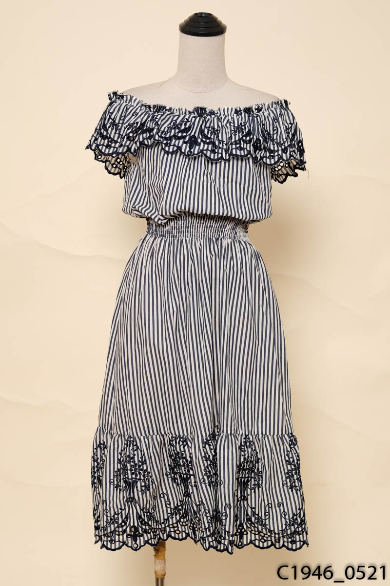 TOPSHOP-Đầm trễ vai sọc xanh trắng