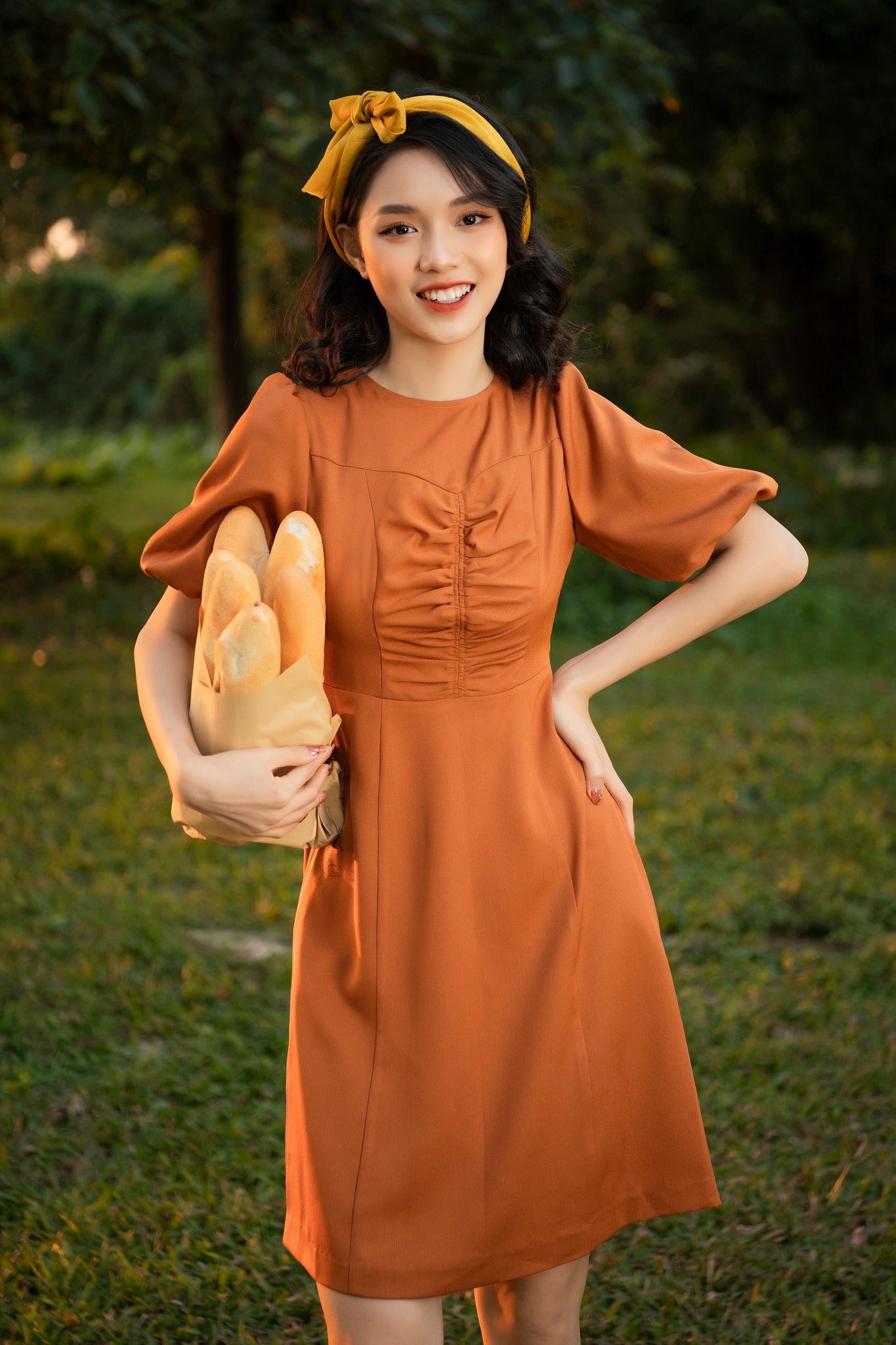 JOON DESIGN - Đầm nâu nhún ngực