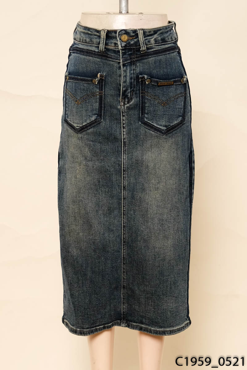 FIRST LINELY - Chân váy jean xanh xẻ sau