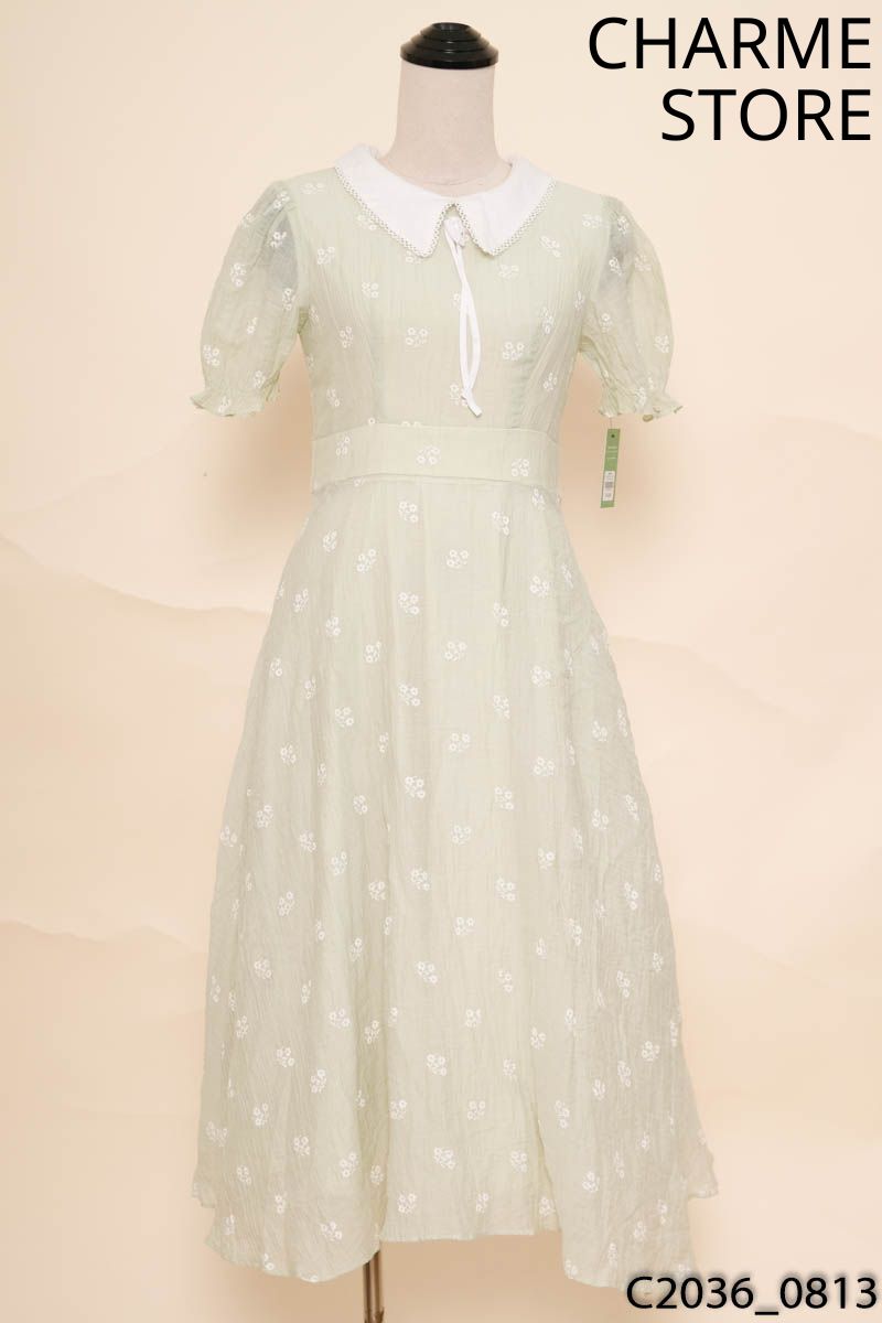 CHARME STORE - Đầm xanh cổ trắng họa tiết hoa