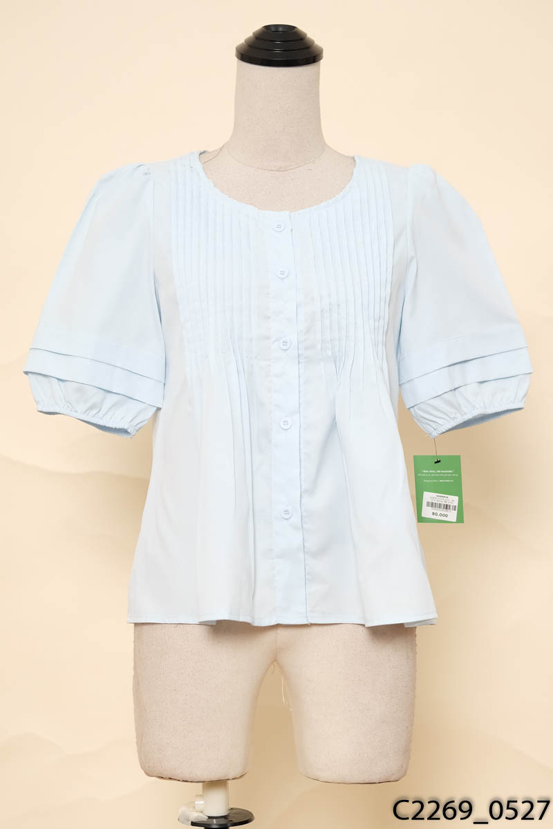 Áo xanh dương xếp ly bo chun tay