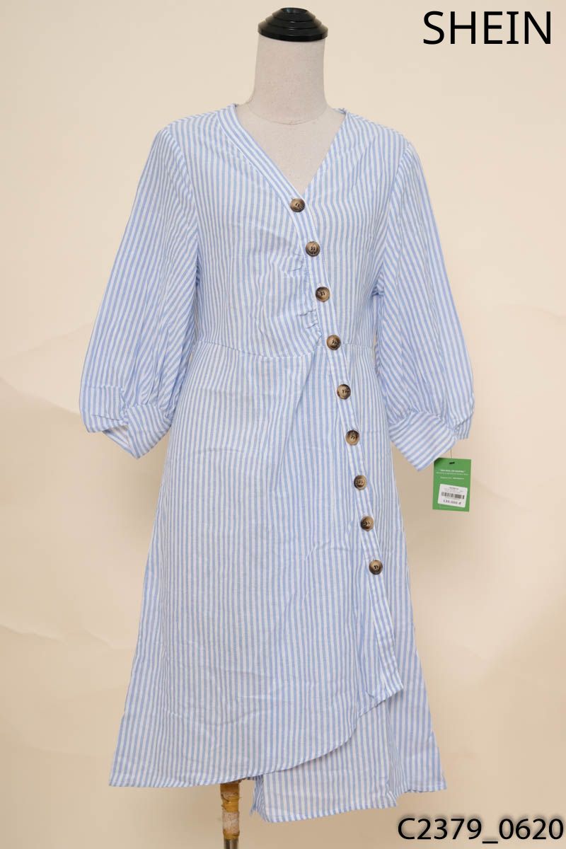 Đầm linen kẻ xanh Shein