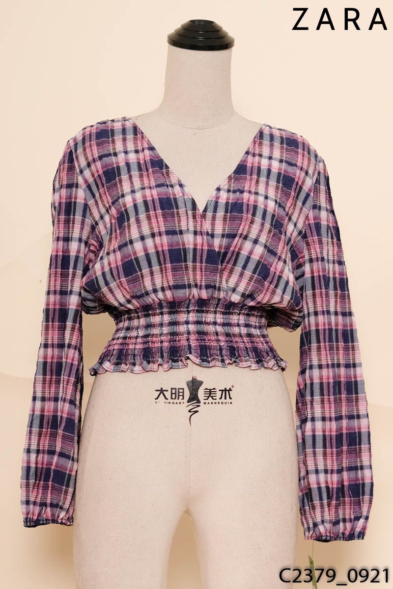 Áo hồng kẻ xanh cổ V Zara New Tags