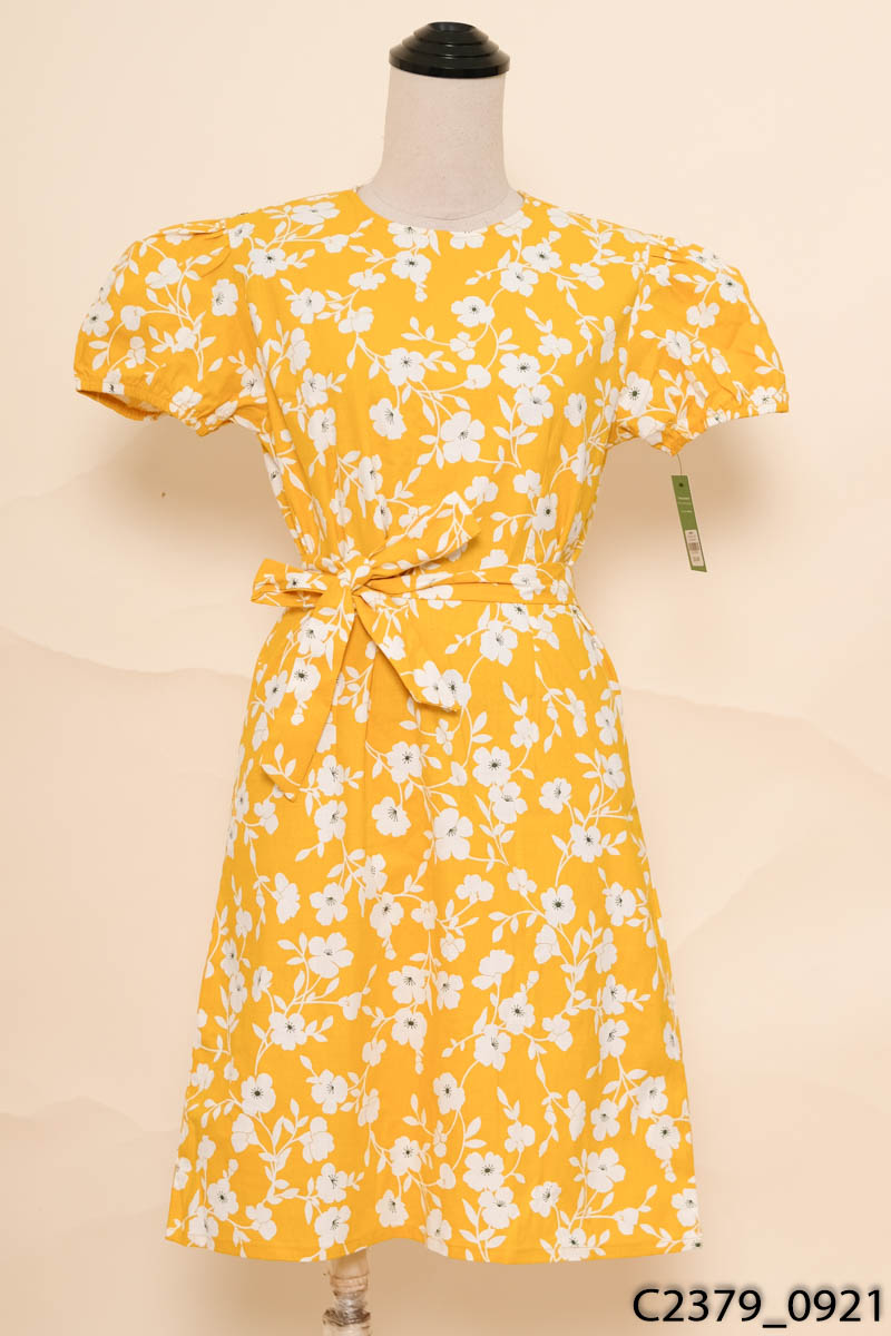 Đầm vàng linen họa tiết