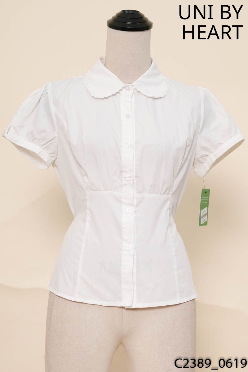 UNI BY HEART- Áo sơ mi trắng cổ sen viền ren