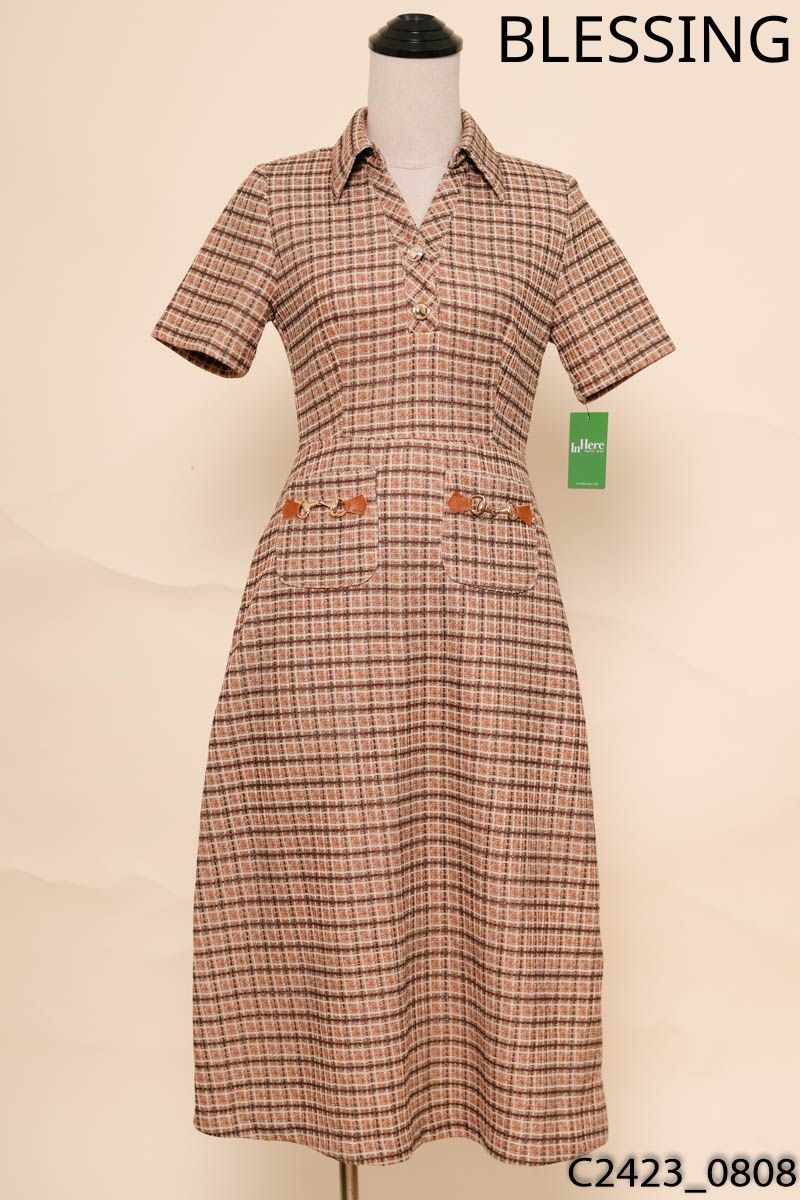 BLESSING - Đầm dạ tweed nâu kẻ