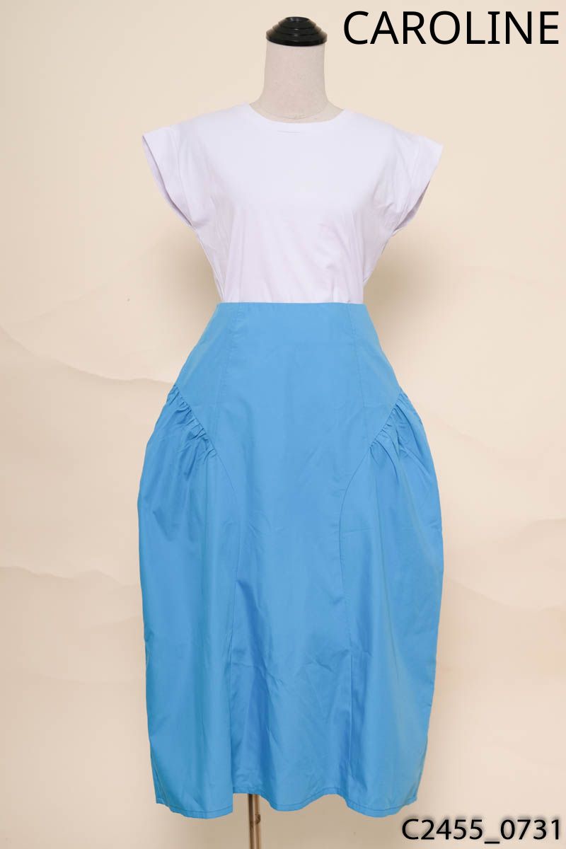 CAROLINE - Set áo trắng tay hến + chân váy xanh