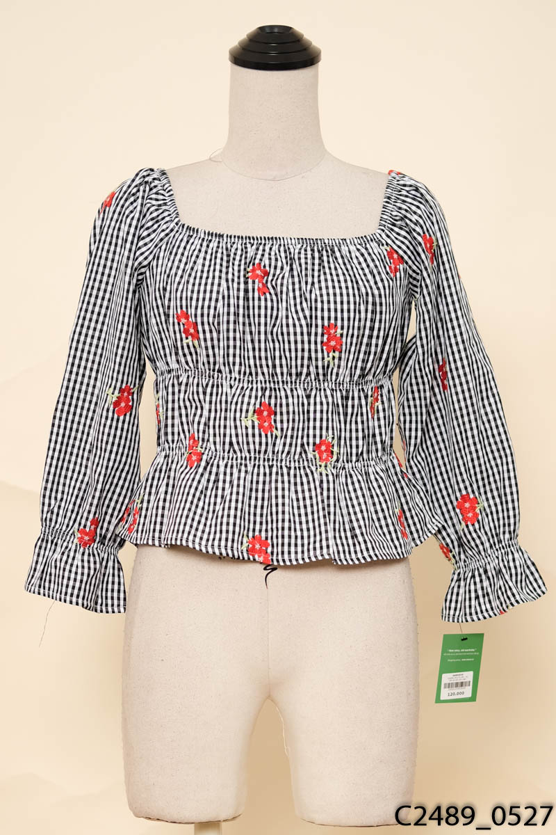 Áo trễ vai kẻ caro đen trắng họa tiết ho9a Bleubird
