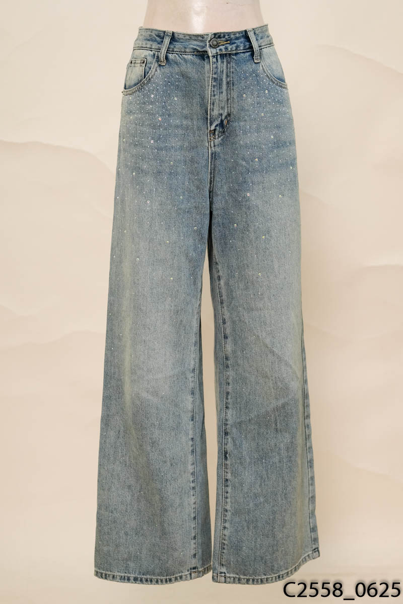 RUBIES- Quần jeans xanh đính hạt