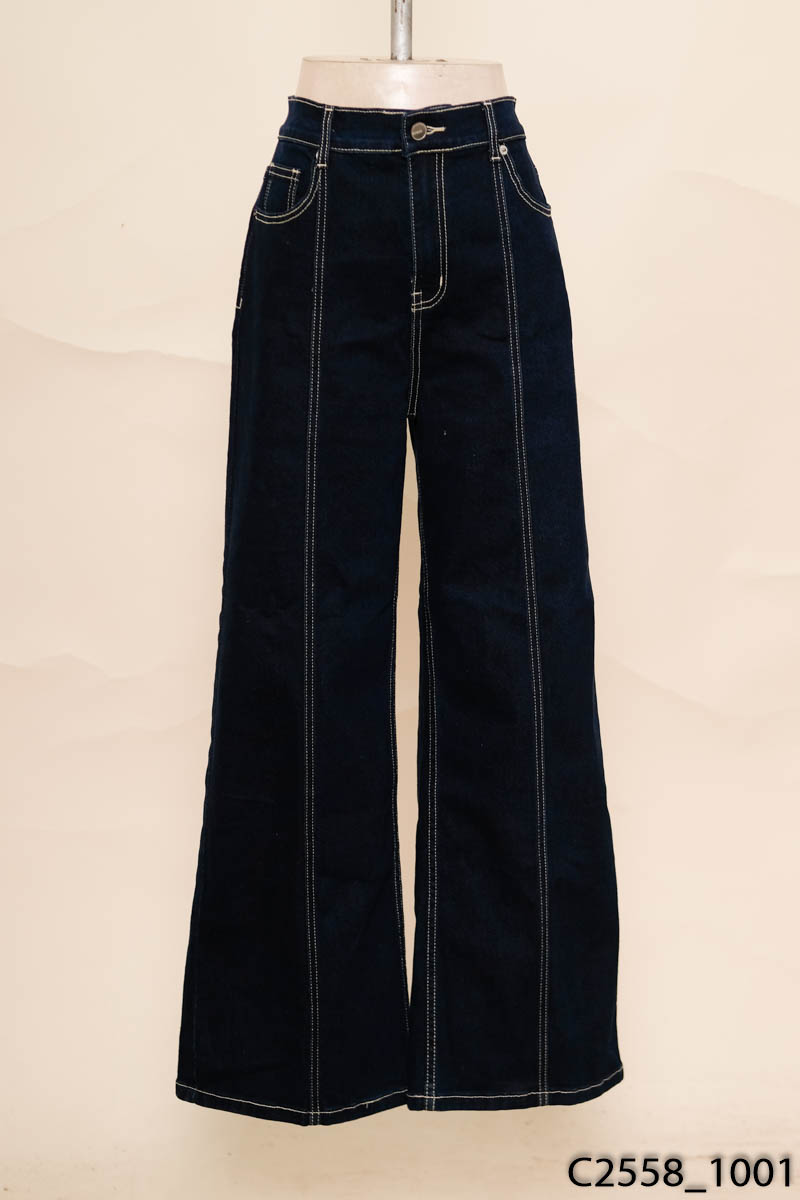 HAGOO- Quần jeans xanh đậm viền chỉ be