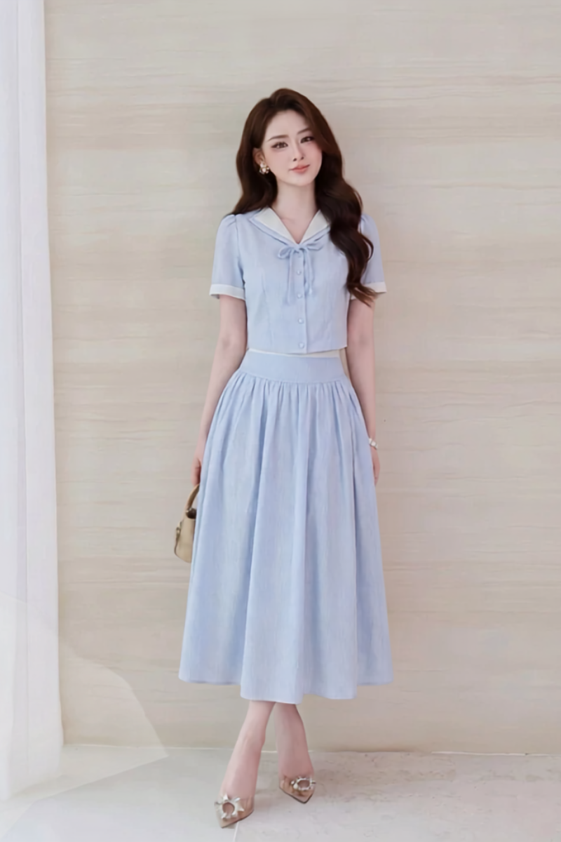 LA ROSA - Set áo kẻ xanh trắng cổ vest + Chân váy