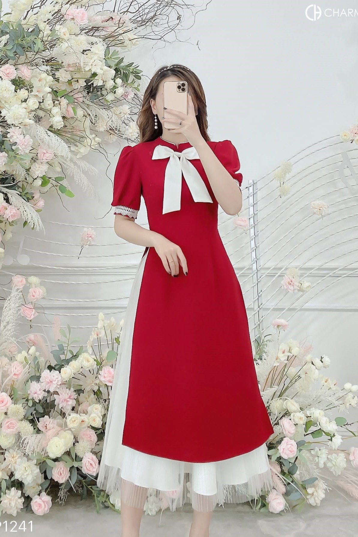 CHARME STORE - Áo dài đỏ đính nơ trắng