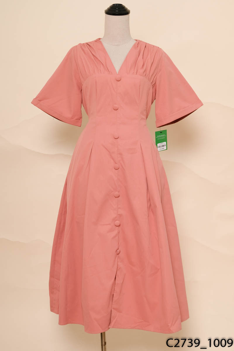 MẨU BOUTIQUE - Đầm hồng cổ V cộc tay