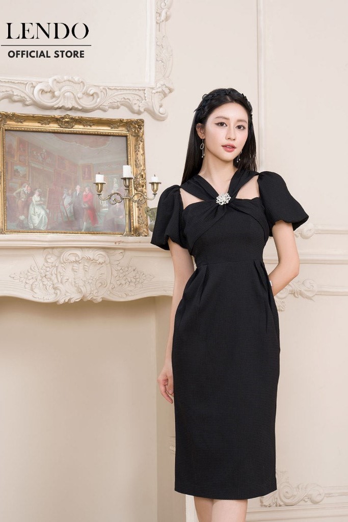 LENDO - Đầm đen cổ xoắn dáng bút chì