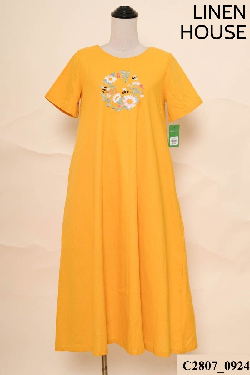 LINEN HOUSE - Đầm linen vàng họa tiết thêu