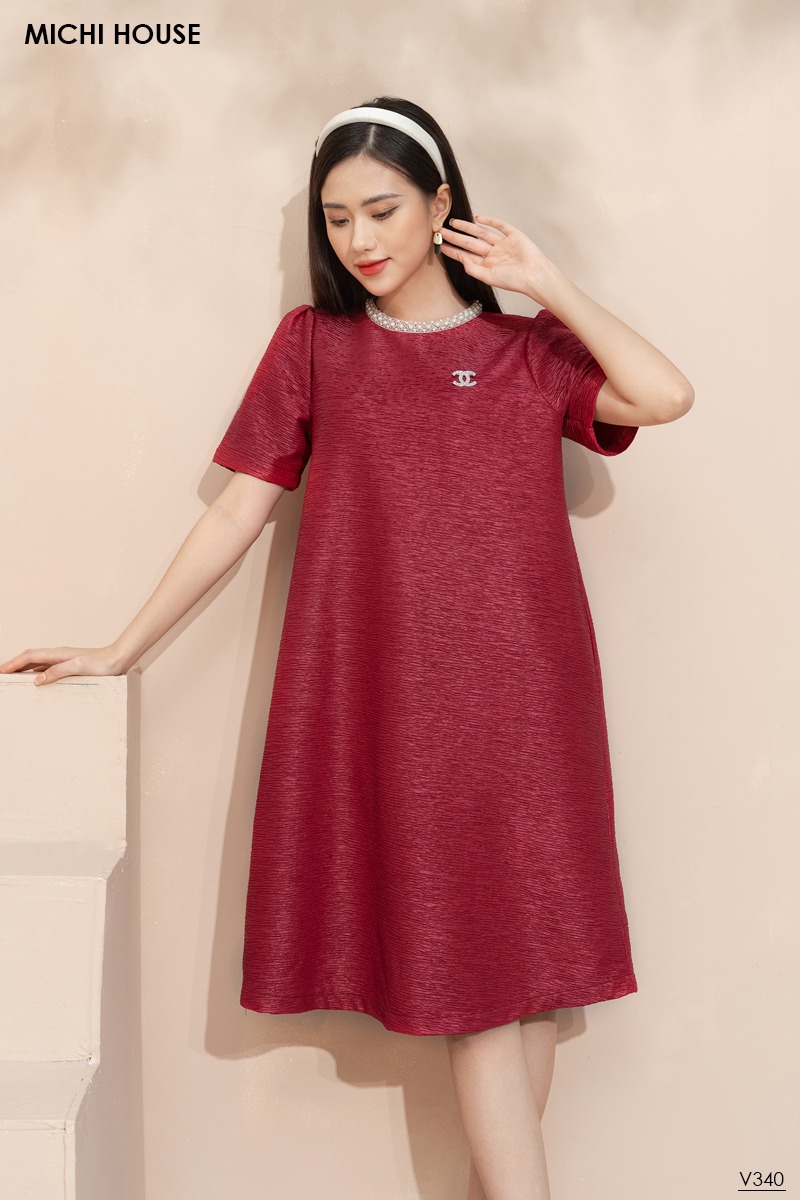 MICHI DESIGN-Đầm đỏ đính hạt suông