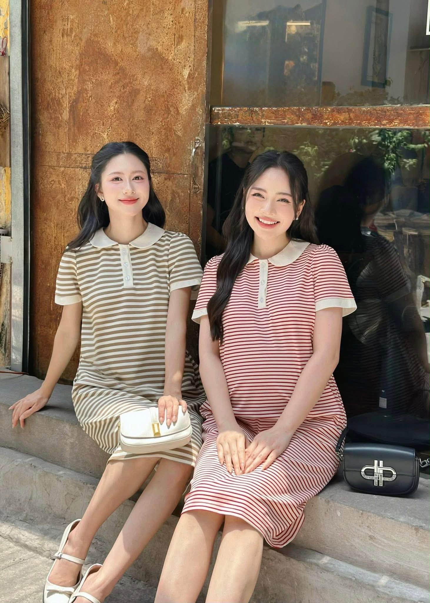 JOAMOM-Đầm polo kẻ trắng nâu suông