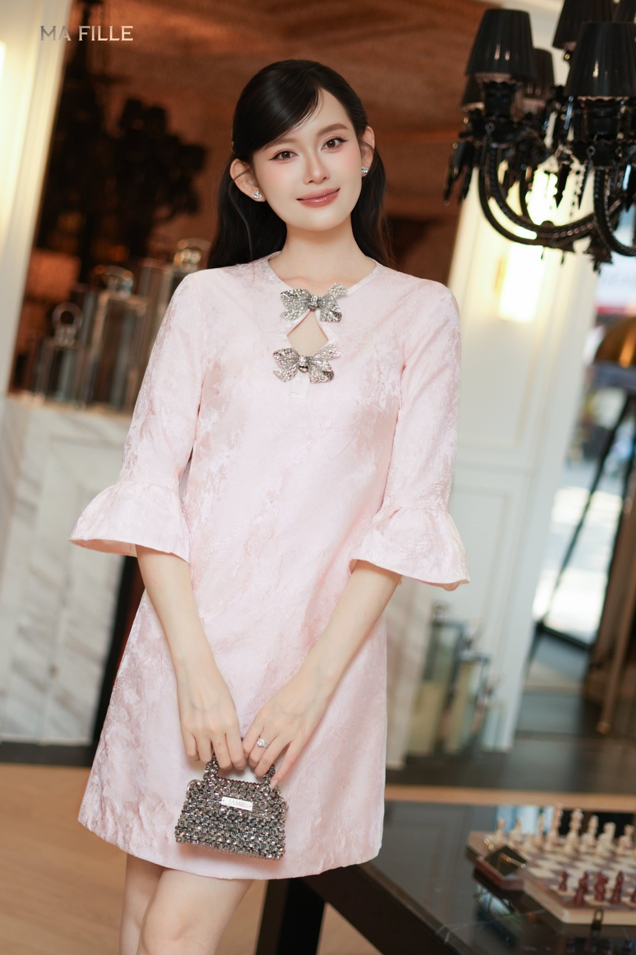 MA FILLE-Đầm hồng đính nơ New Tags