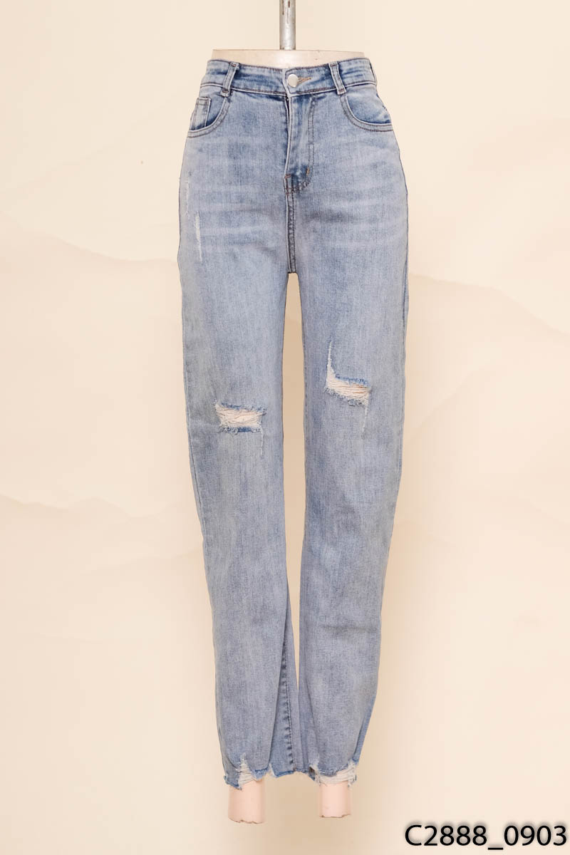 Quần jeans xanh rách ống đứng