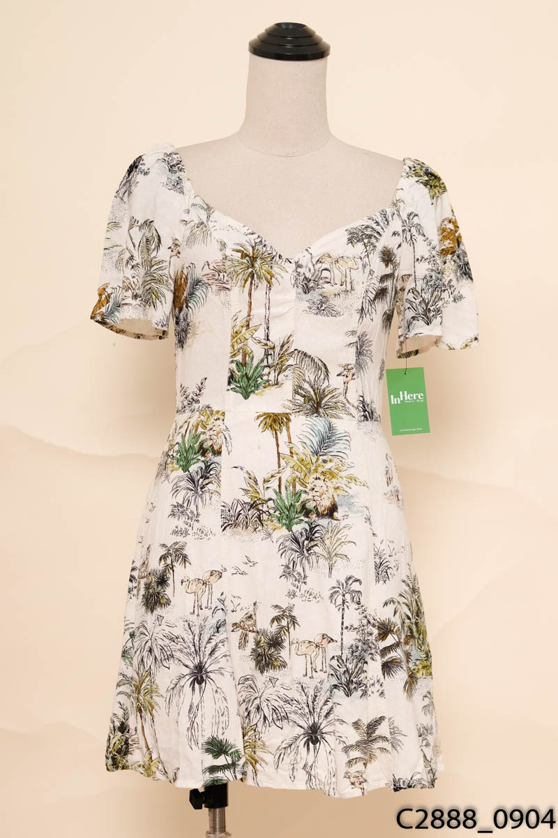 Đầm linen trắng họa tiết