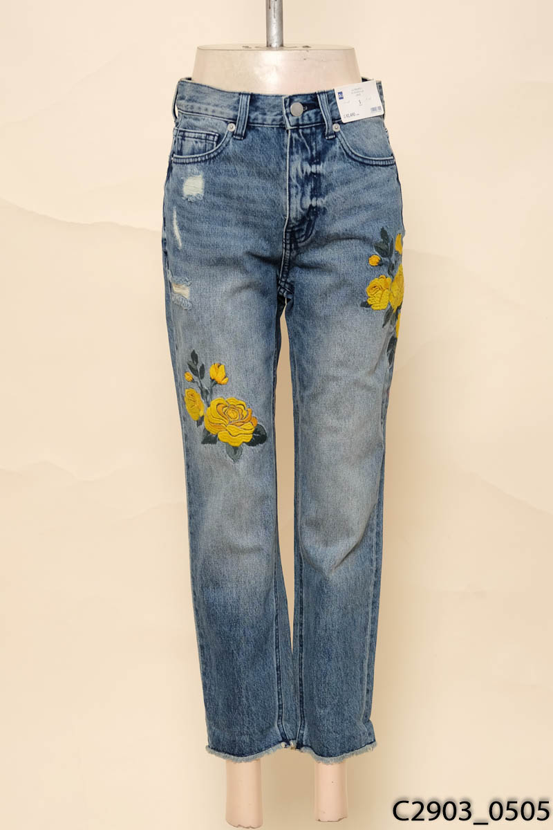 Quần jeans baggy họa tiết hoa vàng GU New Tags