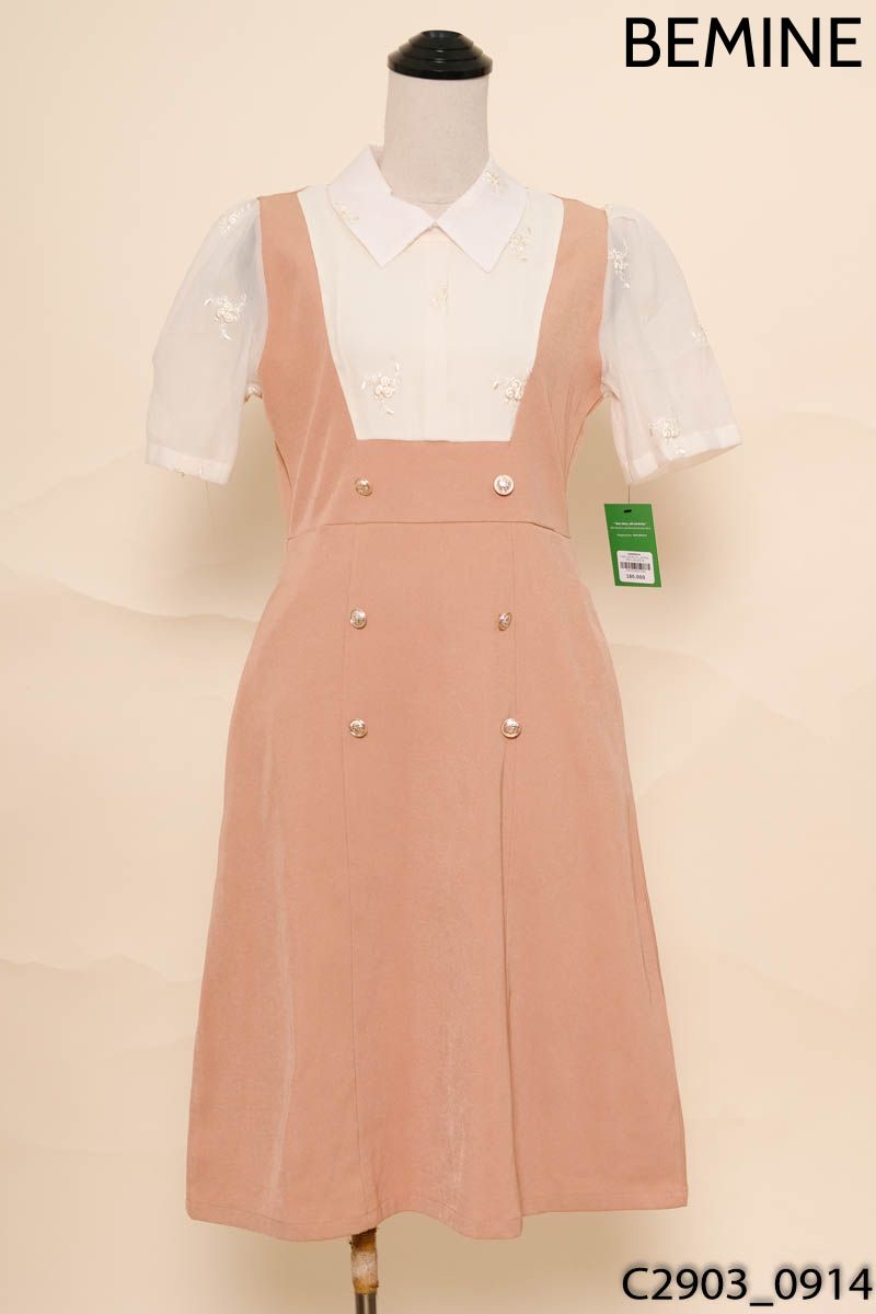 BEMINE - Đầm nâu phối be họa tiết New Tags