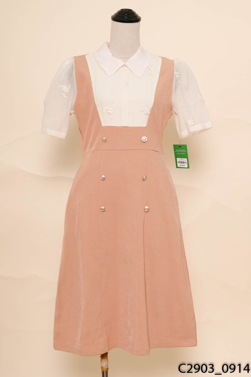 BEMINE - Đầm nâu phối be họa tiết New Tags