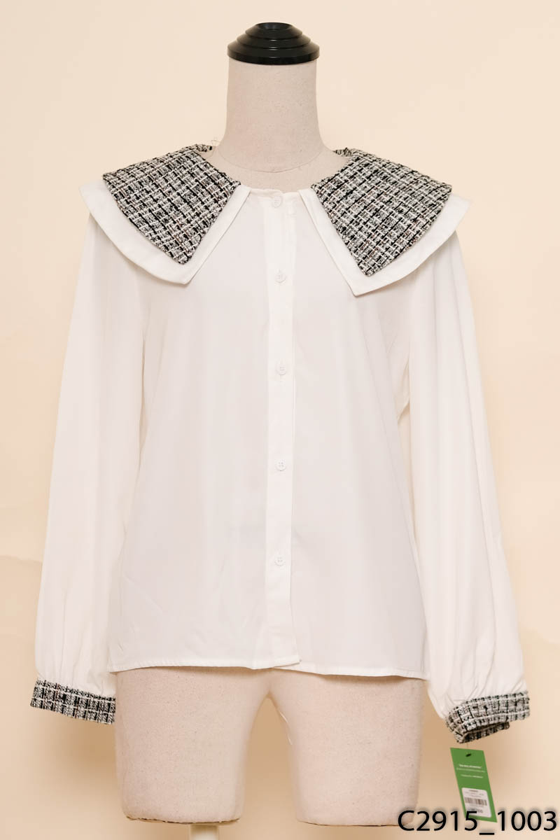 Áo sơ mi trắng phối dạ tweed đen
